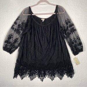 NWT Halo Black Flowing Top 3/4 Sleeve Size 1X‎ Goth Witchy Whimsical